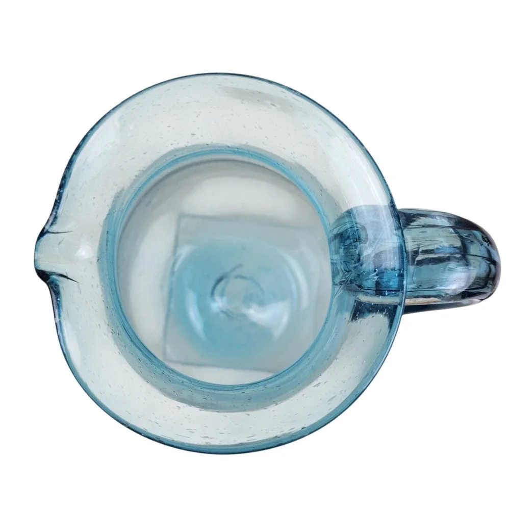 Handblown Seeded Blue Bubble Glass Pitcher Applied Handle Pinchd Spout Art Glass